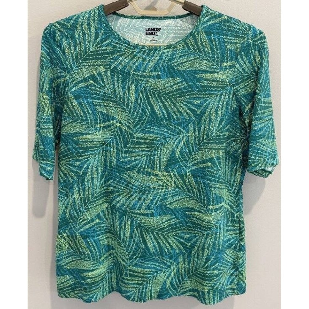 Lands End Womens Green Leaf Swimsuit Rashguard Short Sleeve Size M 10 12
